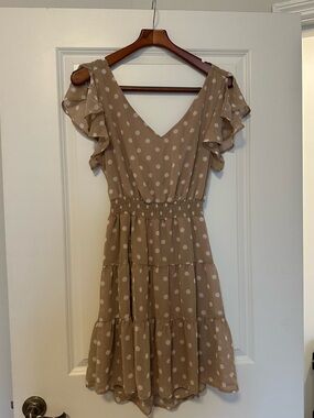 Beige Polka Dot Tiered Summer Dress - V-Neck Flutter Sleeves